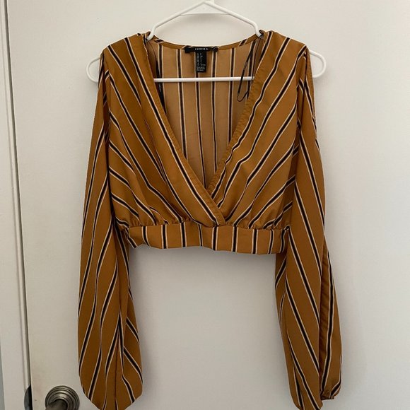 Forever21 Mustard Yellow Striped Long Sleeve Crop Top - Picture 1 of 2